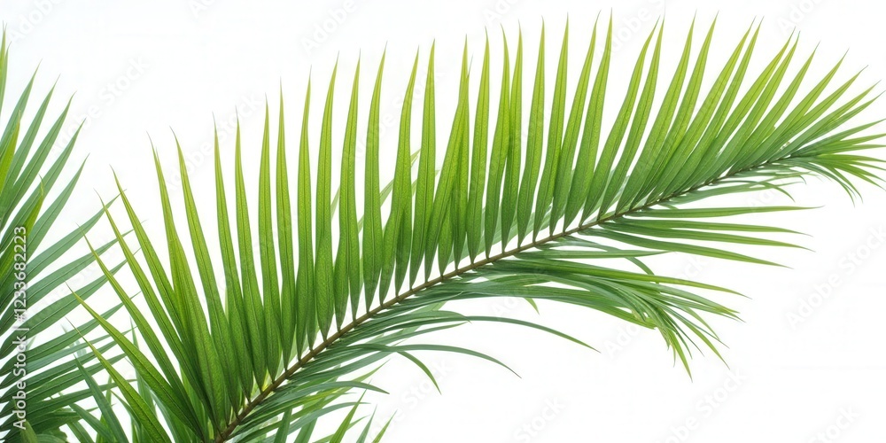 Fototapeta premium Close-up of an emerald-green palm leaf underside, gracefully arched to the left, revealing intricate veins and a delicate pointed tip