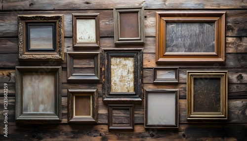 Antique picture frames arranged on a rustic wooden wall