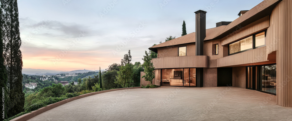 Fototapeta premium Modern villa with stunning sunset view in hillside location
