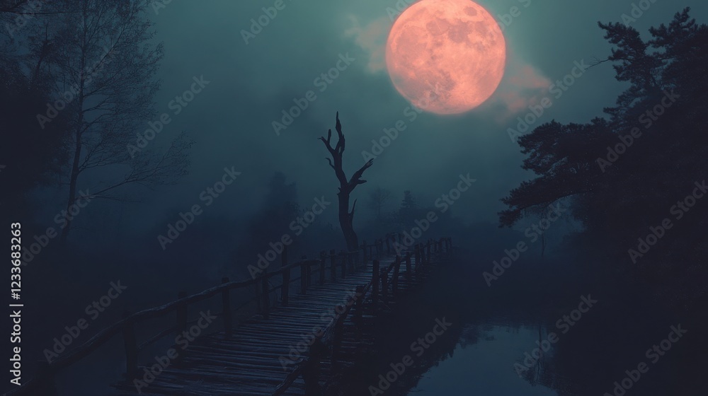 Mystic Moonlit Bridge: A solitary figure walks a moonlit bridge shrouded in an eerie mist, under a colossal, blood-red moon. The scene is both mysterious and captivating. Mystic Moonlit Bridge: A solitary figure walks a moonlit bridge shrouded in an eerie mist, under a colossal, blood-red moon. The scene is both mysterious and captivating.