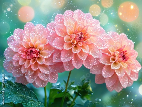 Three pink dahlia flowers with dew drops against a blurred background.