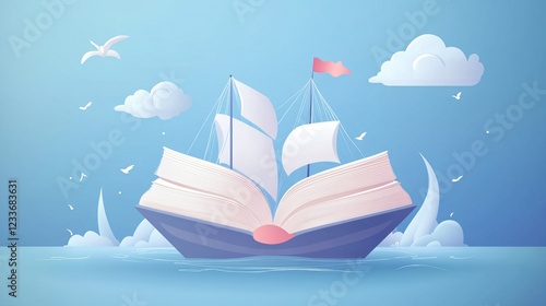 Nautical Book Festival Ship Sailing Banner for Literary Events flyer with ocean sailing ship floating over a sea of books illustration concept photo