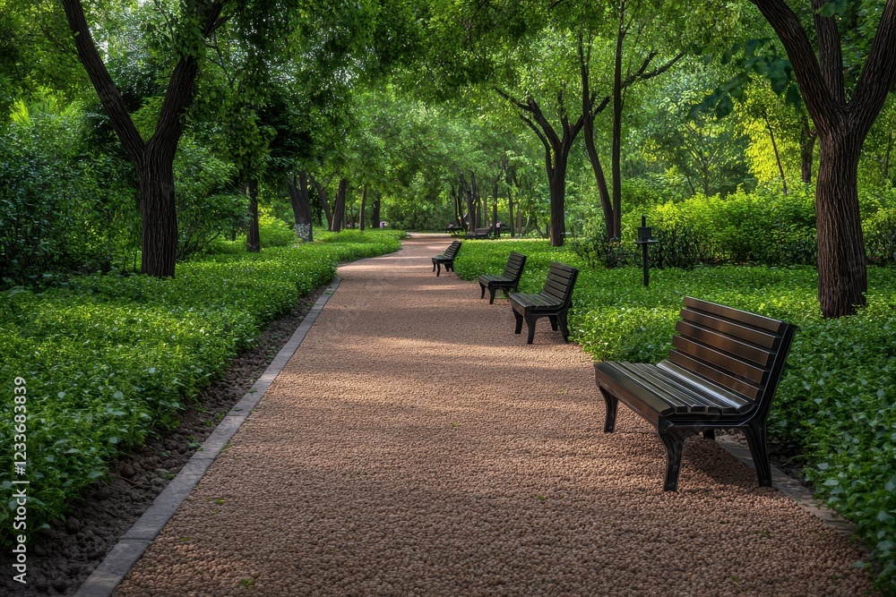 Serene park path, benches, green trees, morning sun, relaxation