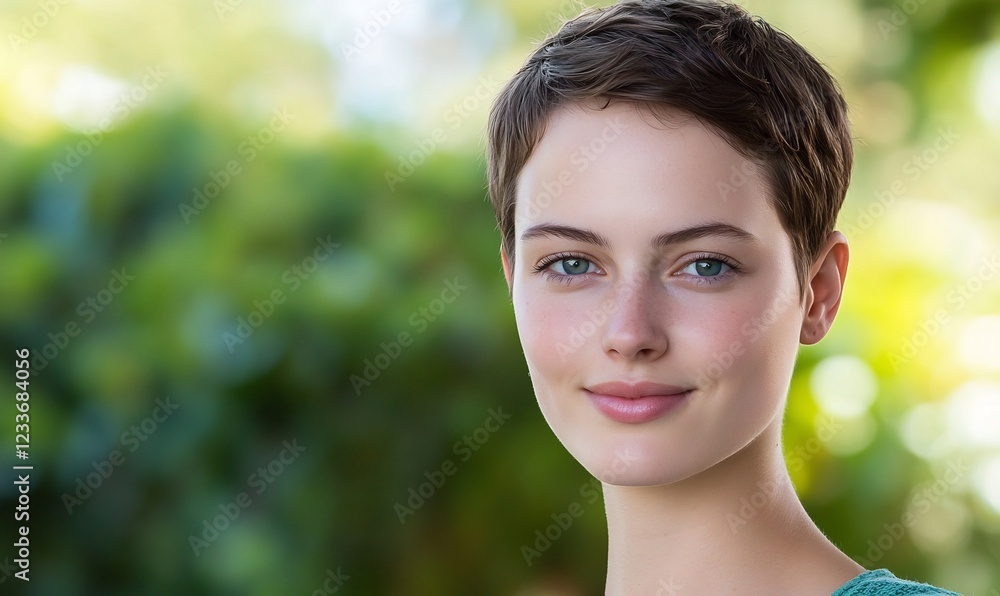 Woman smiling outdoors, green background, portrait Woman smiling outdoors, green background, portrait