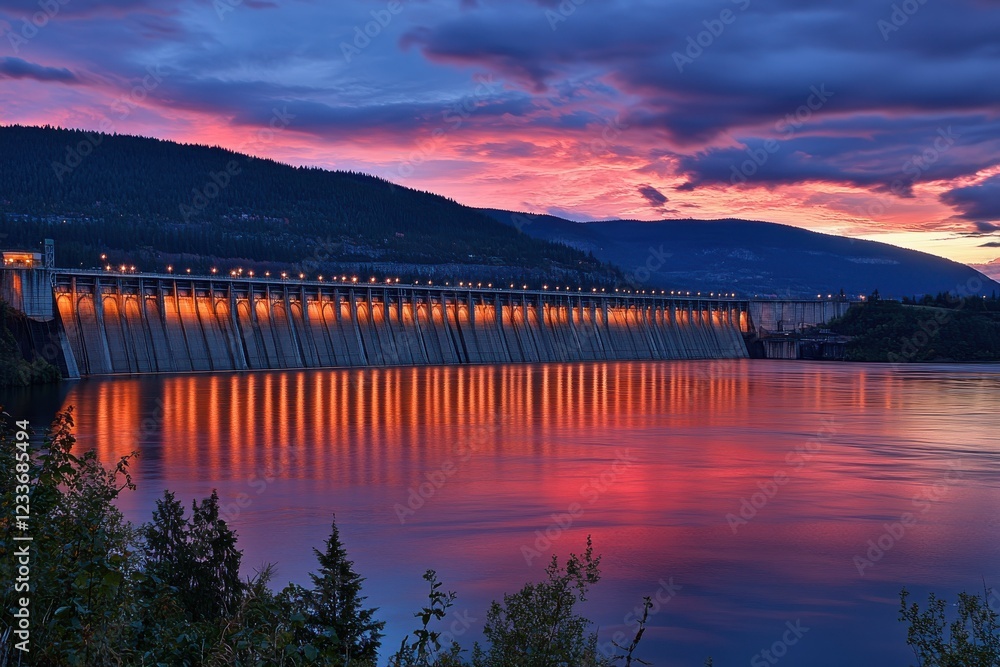 Obraz premium Scenic sunset view of a hydroelectric dam reflecting vibrant colors in a calm river, surrounded by lush greenery and mountains under a dramatic sky