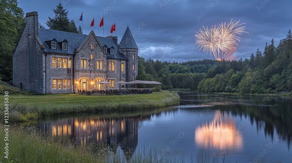 Castle by the lake with fireworks display at dusk. A magical evening scene.
