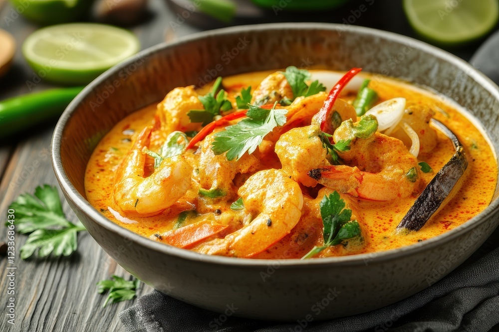 Spicy seafood curry, lime, herbs, wood table, food blog Spicy seafood curry, lime, herbs, wood table, food blog