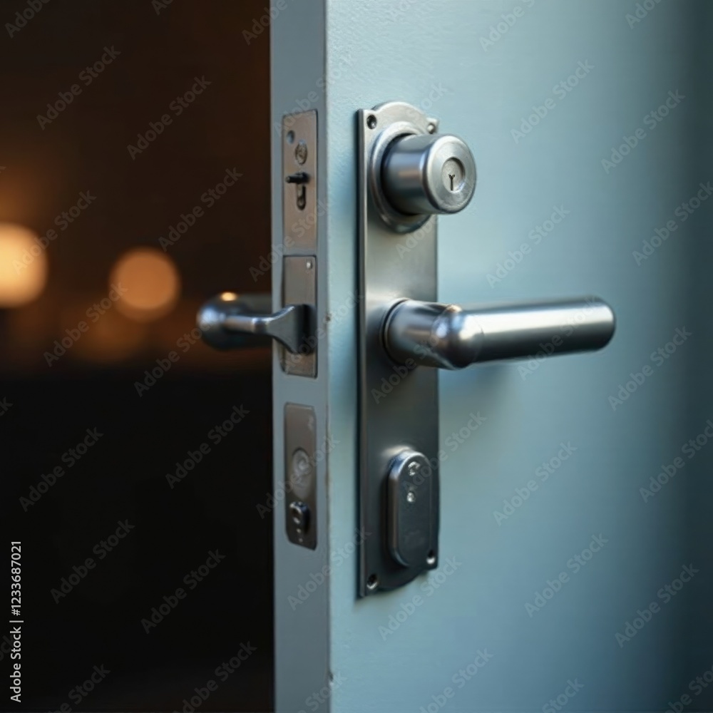 Sleek chrome door handle with lock on metal front door, chrome, entrance Sleek chrome door handle with lock on metal front door, chrome, entrance