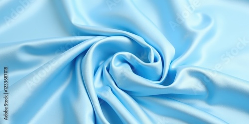 Close-up of light blue satin fabric exudes smooth silkiness and subtle sheen against a similar hue backdrop, highlighting its elegant texture