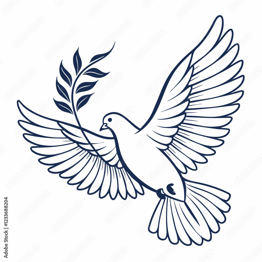 Obraz premium white dove flying with open wide its wings, line art illustration