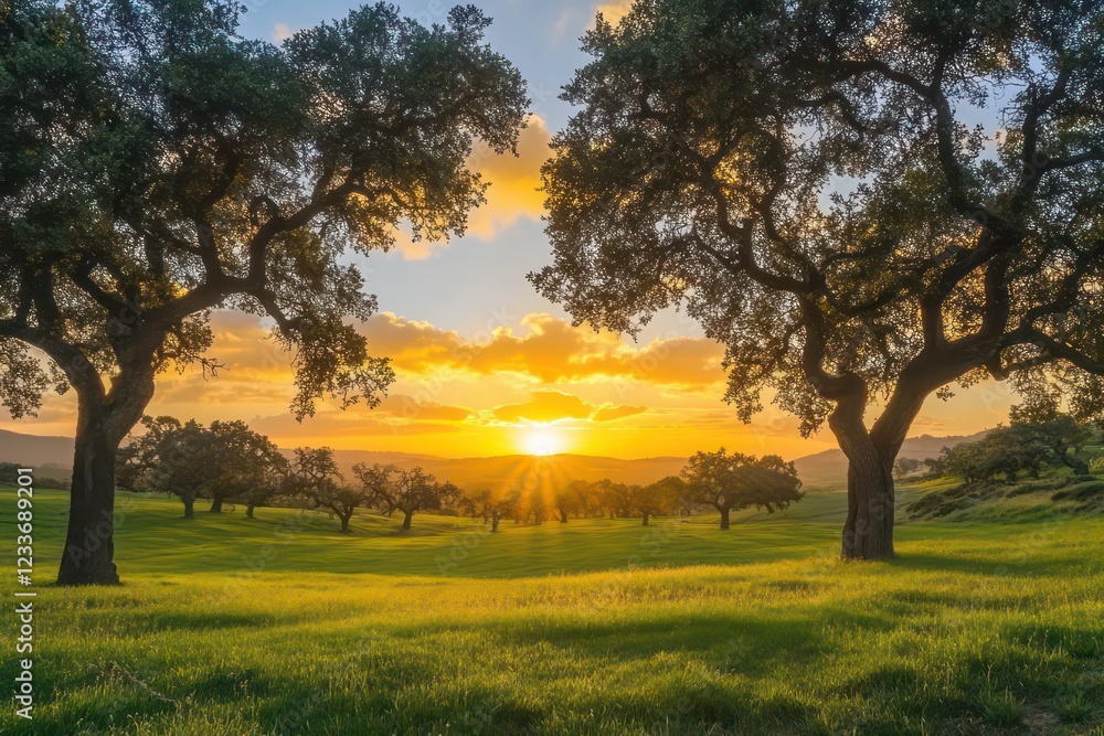 A tranquil meadow with silhouetted trees framing the golden sunset glow. A tranquil meadow with silhouetted trees framing the golden sunset glow.