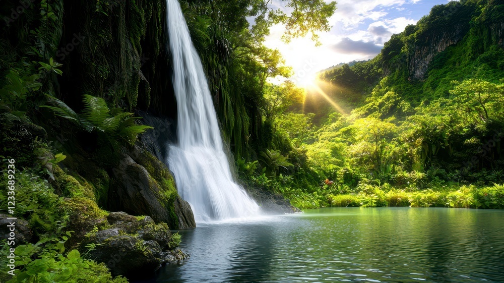 Tropical waterfall lagoon tranquil concept. A serene waterfall cascades into a tranquil pool, surrounded by lush greenery and illuminated by sunlight filtering through the trees. Tropical waterfall lagoon tranquil concept. A serene waterfall cascades into a tranquil pool, surrounded by lush greenery and illuminated by sunlight filtering through the trees.