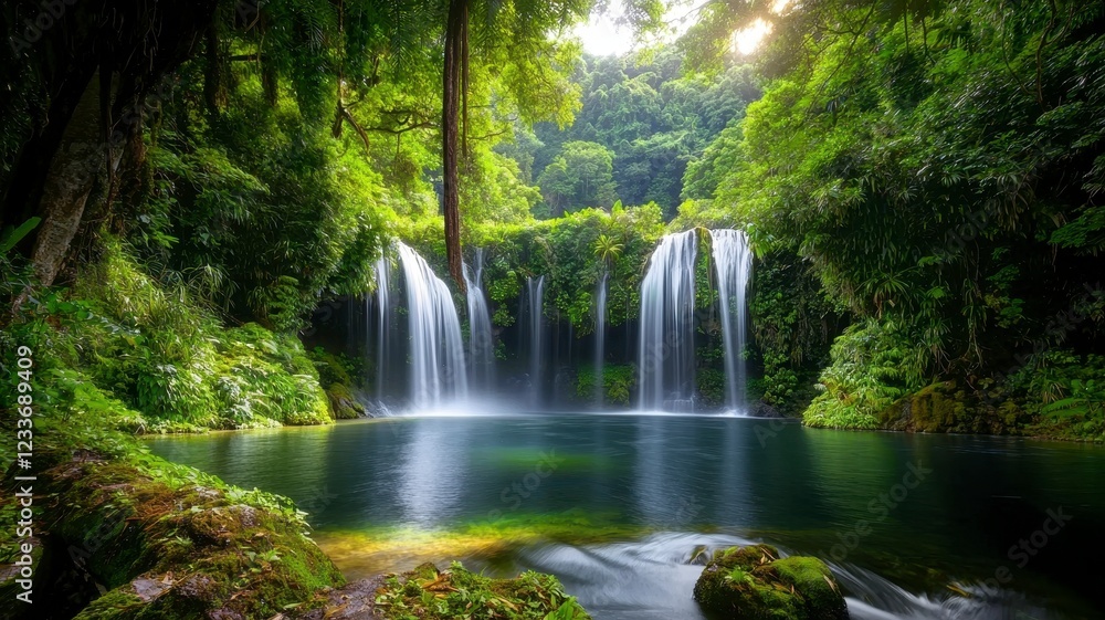 Obraz premium Tropical waterfall lagoon tranquil concept. A serene waterfall cascades into a peaceful pool, surrounded by lush greenery and sunlight filtering through the trees.