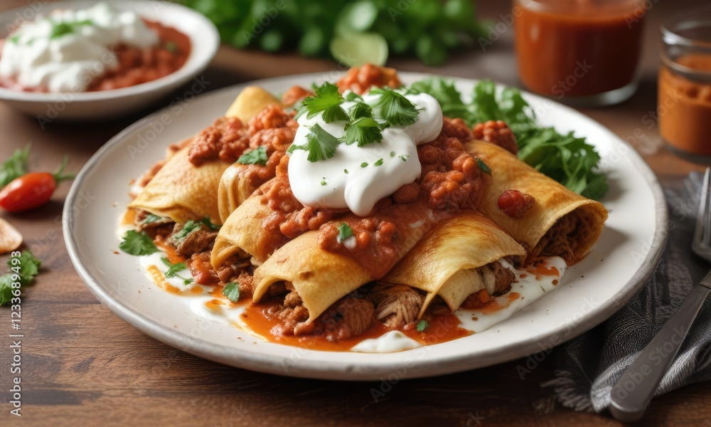 plate of carne con enchiladas topped with sour cream, salsa, and cilantro, cilantro, salsa plate of carne con enchiladas topped with sour cream, salsa, and cilantro, cilantro, salsa