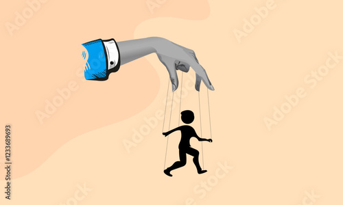 Concept of manipulation and micromanagement. Puppet Master controlling Silhouette of businessman