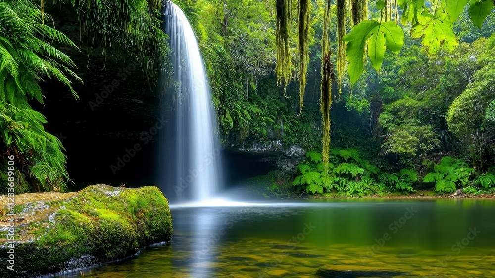 Tropical waterfall lagoon tranquil concept. A serene waterfall cascades into a tranquil pool, surrounded by lush greenery, creating a peaceful and idyllic natural landscape. Tropical waterfall lagoon tranquil concept. A serene waterfall cascades into a tranquil pool, surrounded by lush greenery, creating a peaceful and idyllic natural landscape.