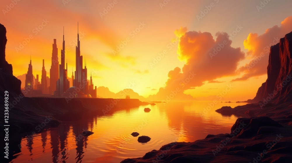 Naklejka premium A Stunning Dystopian Cityscape at Sunset Reflecting on Calm Waters with Towering Skyscrapers