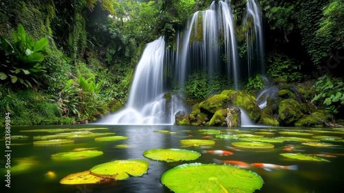 Tropical waterfall lagoon tranquil concept. A serene waterfall cascades into a tranquil pool adorned with vibrant lily pads, surrounded by lush greenery and a peaceful atmosphere.