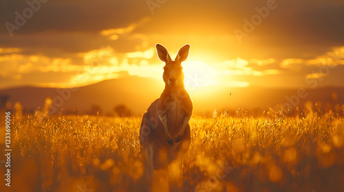 Silhouette of Hopping Kangaroo Against Vibrant Sunset in Tranquil Australian Landscape photo