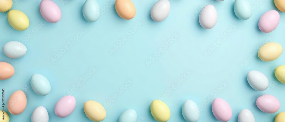 Pastel-colored Easter eggs arranged in a symmetrical pattern on a light blue background , garden party, Easter bunny Pastel-colored Easter eggs arranged in a symmetrical pattern on a light blue background , garden party, Easter bunny