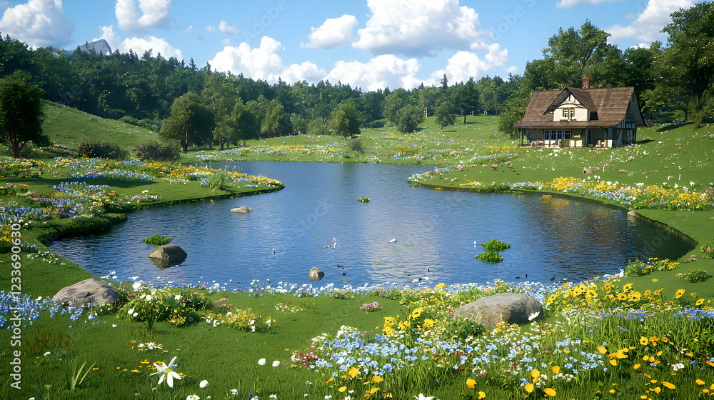 Obraz premium Cottage by flower-filled lake, idyllic valley background, peaceful spring scene, ideal for travel brochures