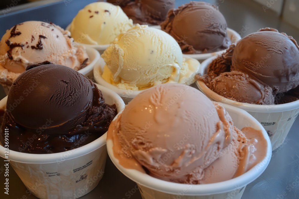 A variety of ice cream scoops in rich, decadent flavors like dark chocolate, salted caramel, and coffee, placed in bowls. A variety of ice cream scoops in rich, decadent flavors like dark chocolate, salted caramel, and coffee, placed in bowls.