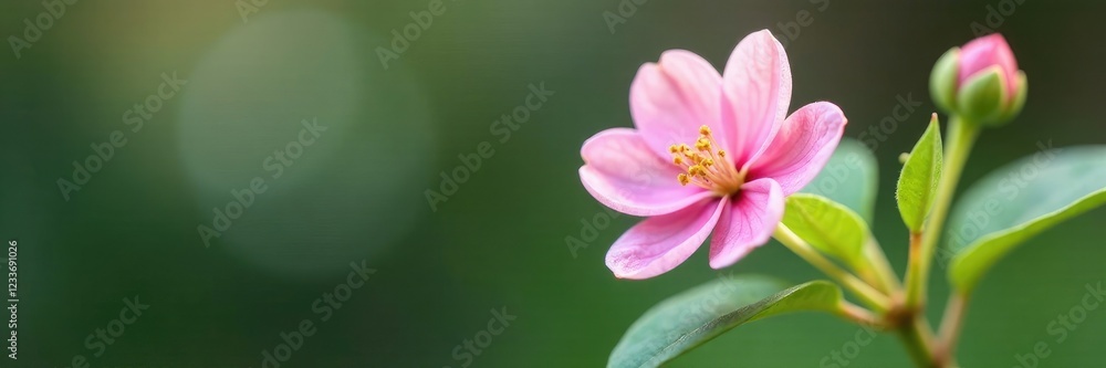 Soft pink blooms on a small plant with green leaves and white stems, green leaves, flower Soft pink blooms on a small plant with green leaves and white stems, green leaves, flower
