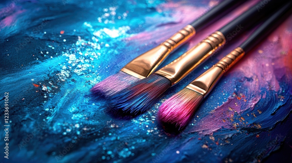 Obraz premium Three paintbrushes rest on a vibrant, textured canvas, showcasing a spectrum of colors and artistic potential.