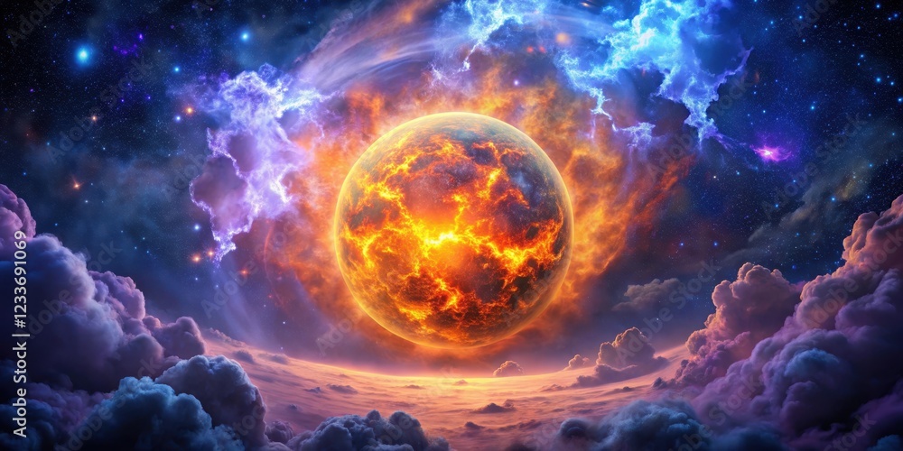 Obraz premium Vibrant orange fireball rising high in a starry night sky against an alpha background, with swirling clouds of purple and blue gas