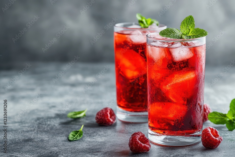Iced Raspberry Drink, Mint, Ice, Studio, Grey Background Iced Raspberry Drink, Mint, Ice, Studio, Grey Background