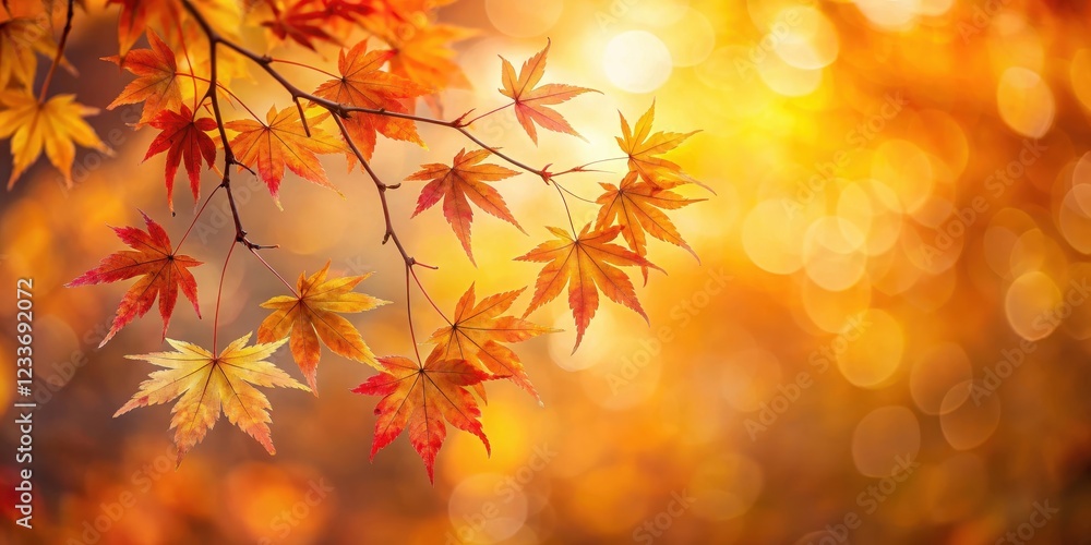 Warm golden light gently falls on a delicate maple branch with soft focus revealing vibrant red and yellow leaves against a subtle autumnal natural background , soft focus, warm lighting Warm golden light gently falls on a delicate maple branch with soft focus revealing vibrant red and yellow leaves against a subtle autumnal natural background , soft focus, warm lighting