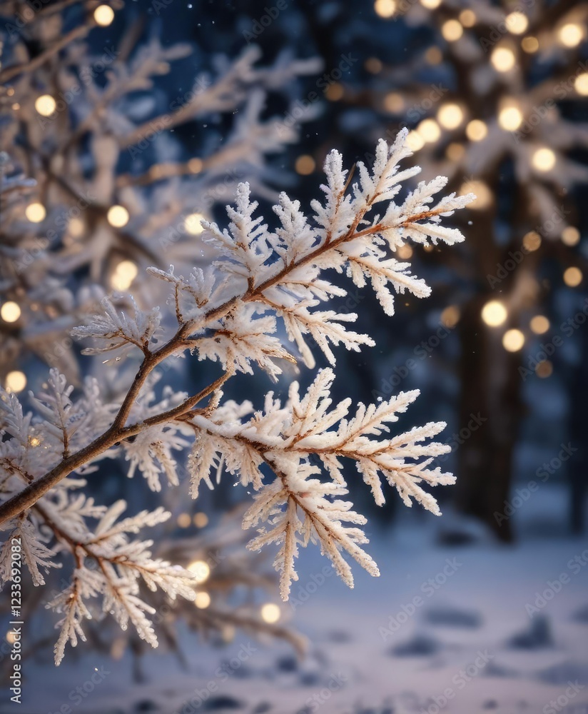 Snowflake-covered tree branch with soft focus and festive lights , festive lights, magical forest, peaceful ambiance Snowflake-covered tree branch with soft focus and festive lights , festive lights, magical forest, peaceful ambiance