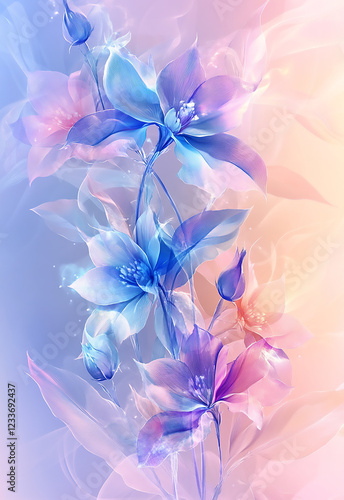 Abstract floral meadow background with vibrant blossoms, soft sunlight and shimmering light particles forming gentle bokeh textures