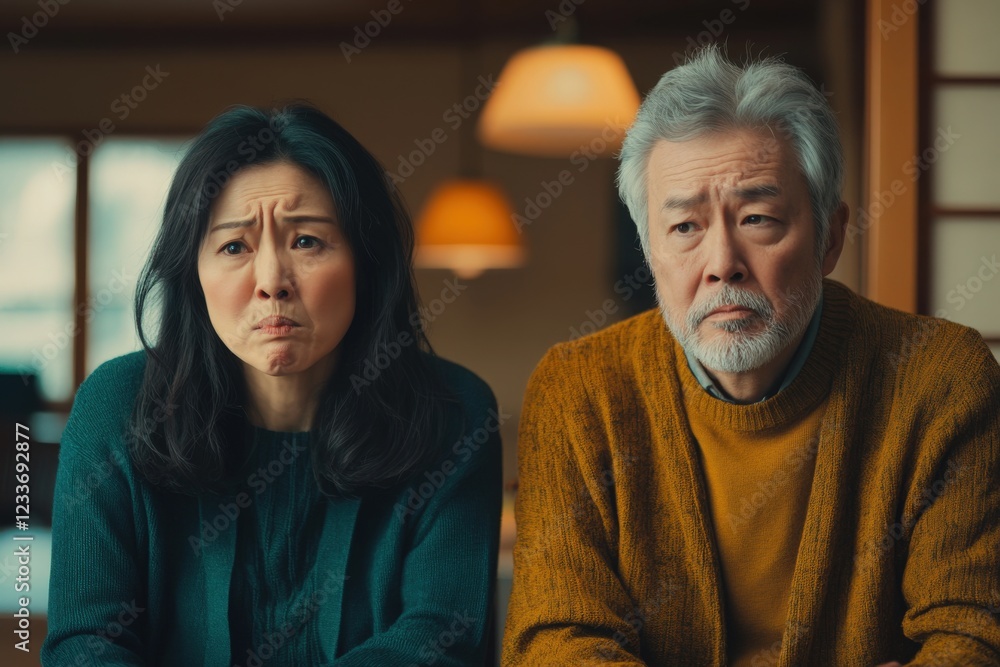 Arguing couple concept. Asian wife and husband sitting apart, looking disheartened after their disagreement, with a focus on the tension and emotional distance between them Arguing couple concept. Asian wife and husband sitting apart, looking disheartened after their disagreement, with a focus on the tension and emotional distance between them