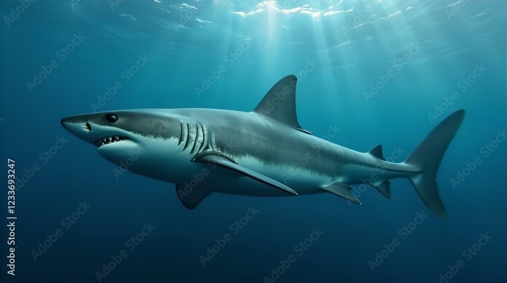 Fototapeta premium Majestic Great White Shark Underwater: Stunning Photorealistic Digital Painting of Ocean Predator, Wildlife Art, Marine Life