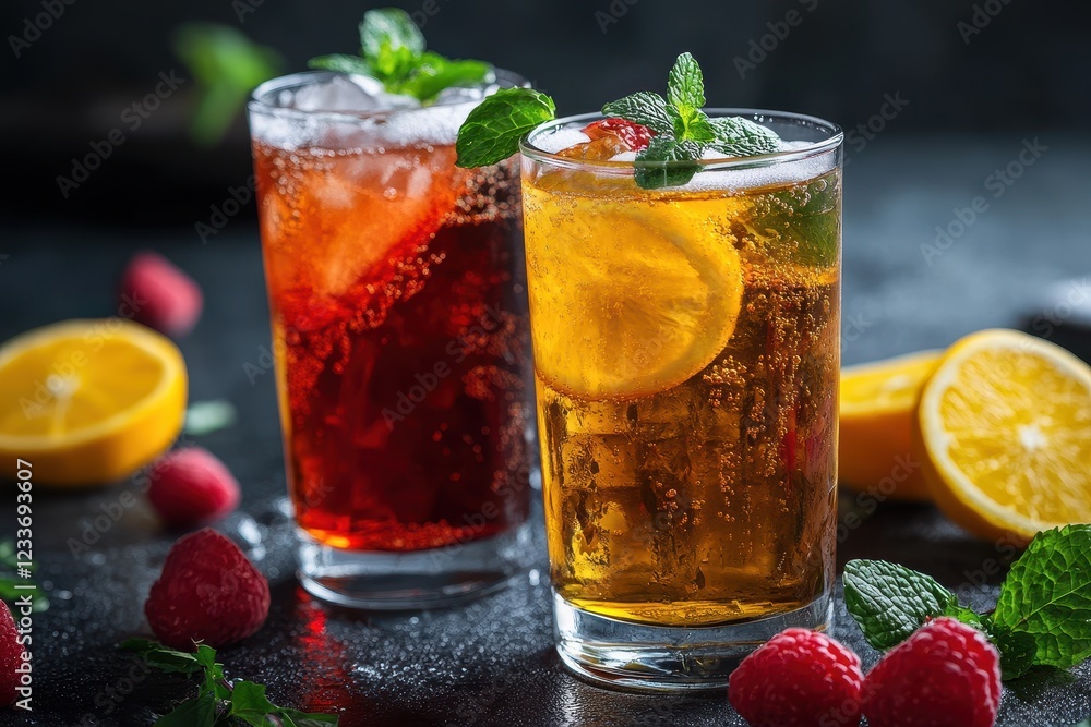 Iced Sparkling Raspberry & Citrus Drinks on Dark Table Iced Sparkling Raspberry & Citrus Drinks on Dark Table