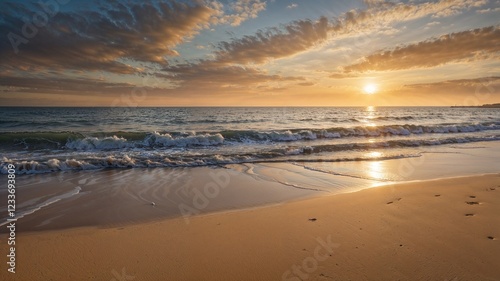 Scenic Beach with Golden Sunset and Calm Ocean Waves
