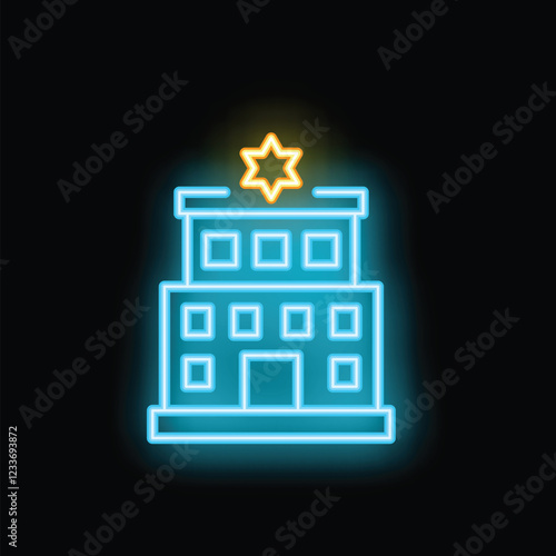 Glowing neon line synagogue building icon isolated on black background, vector illustration
