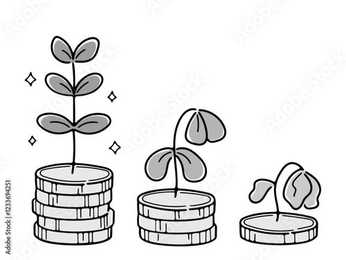 お金が減っていくイメージを植物で表現したイラスト(グレースケール)
