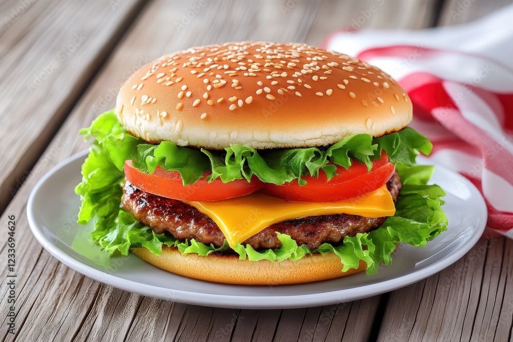 Juicy cheeseburger on plate, wooden table, red napkin Juicy cheeseburger on plate, wooden table, red napkin
