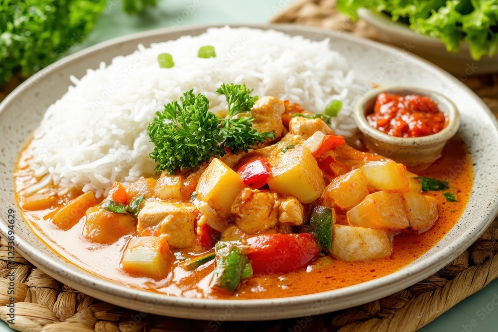 Red curry chicken, rice, chili, plate, kitchen, food blog, recipe Red curry chicken, rice, chili, plate, kitchen, food blog, recipe