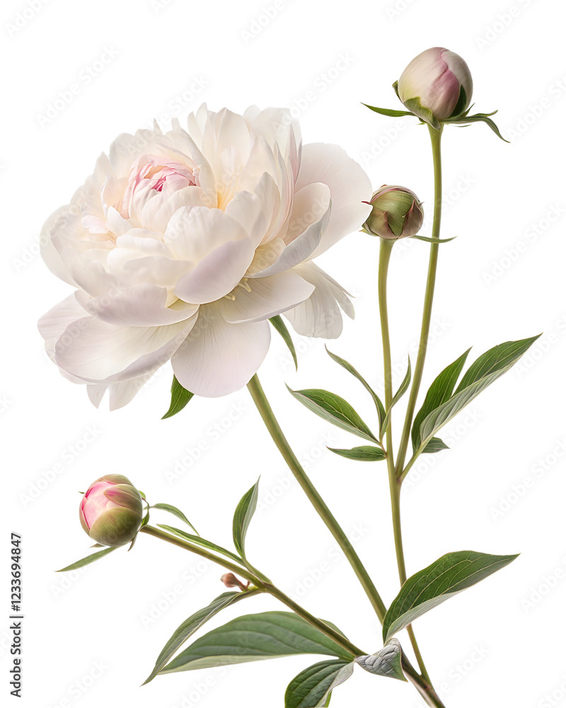 Obraz premium A close-up of delicate white peony with soft petals, isolated on a white background. perfect for floral designs, spring, and Mother's Day celebrations. Bright, fresh, and elegant.