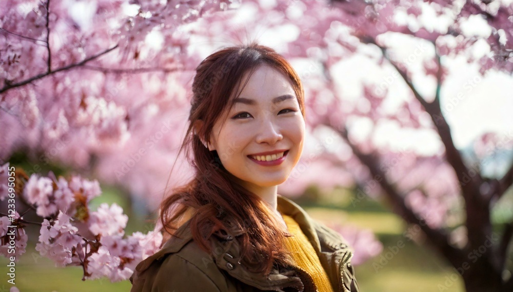 桜並木を歩く日本女性 桜並木を歩く日本女性