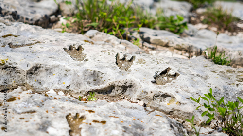 Close-up of ancient dinosaur footprints embedded in rock, showcasing detailed impressions from millions of years ago.
 photo