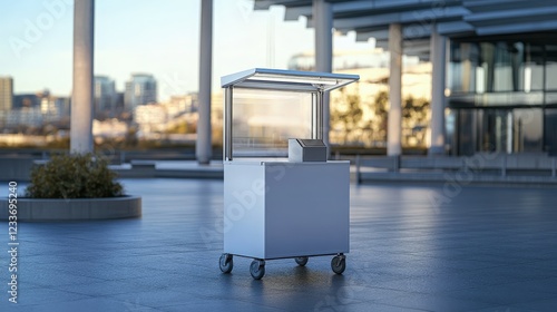 A simple, white vending cart with a compact and functional design, set up for a mockup display in an outdoor setting, perfect for showcasing customized graphics or logos on its surfaces in a clean   photo