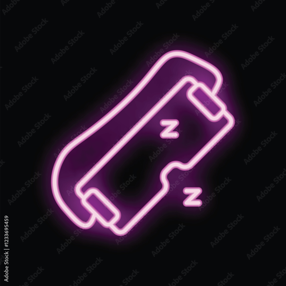 Bright purple neon sign depicting a sleep mask, symbolizing rest, relaxation, and healthy sleep habits Bright purple neon sign depicting a sleep mask, symbolizing rest, relaxation, and healthy sleep habits