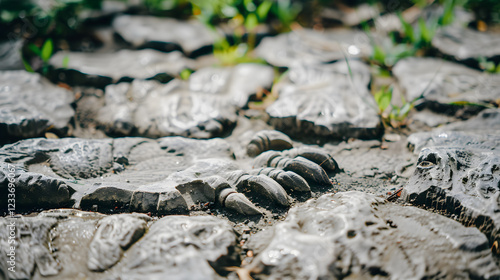 Close-up of ancient dinosaur footprints embedded in rock, showcasing detailed impressions from millions of years ago.
 photo