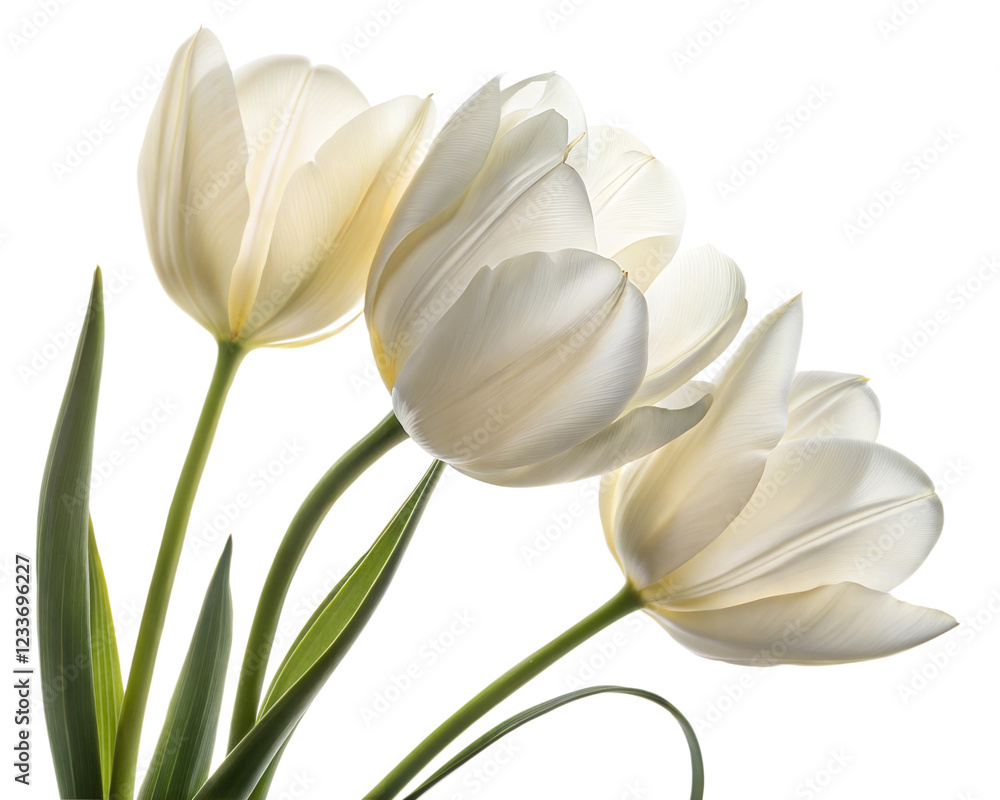 Naklejka premium Elegant white tulips with delicate petals and long green stems, isolated on a white background. Perfect for spring, weddings, or floral decoration.