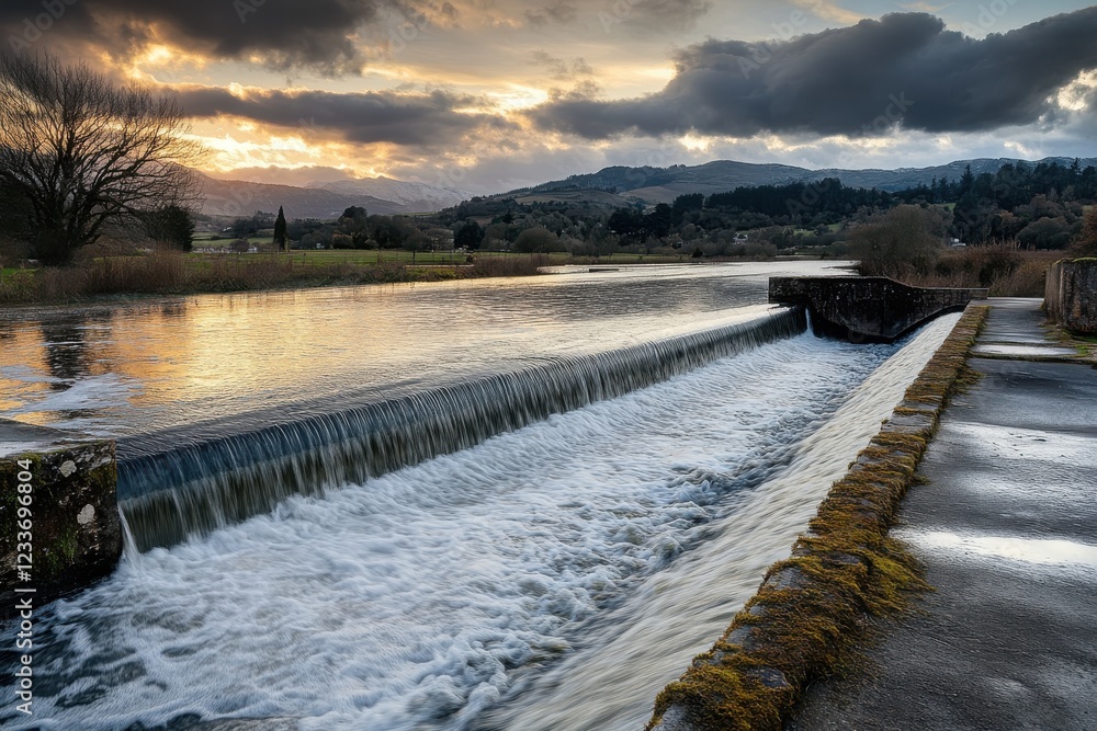Naklejka premium Serene Sunset Overflowing Waterfall at Scenic Reservoir with Majestic Mountains and Dramatic Cloudy Sky in Tranquil Natural Landscape
