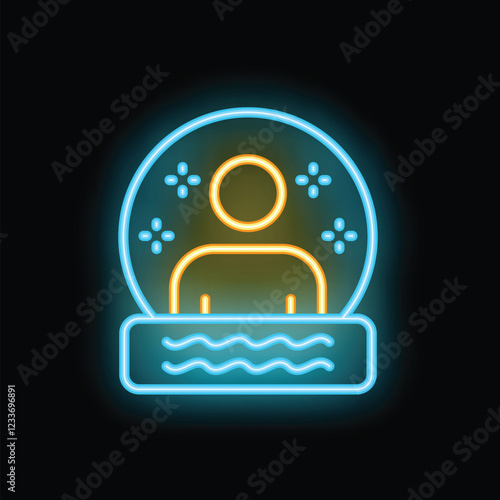 Bright neon sign depicting a person trapped inside a snow globe, symbolizing isolation and confinement